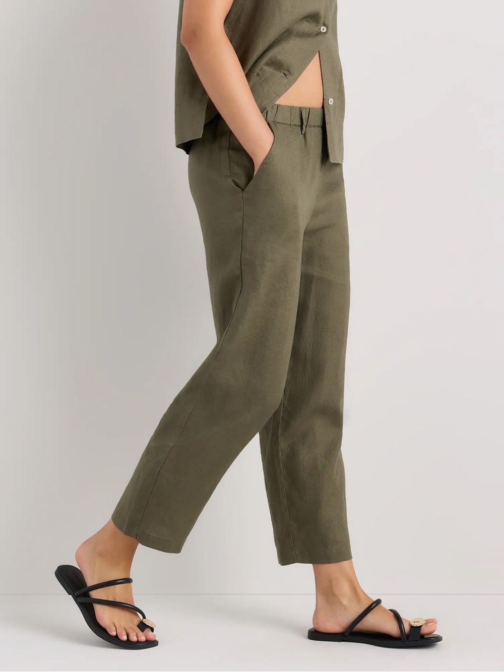 Quince L Olive Green 100% European Linen Crop Relaxed Pull On Pants Pockets Eco